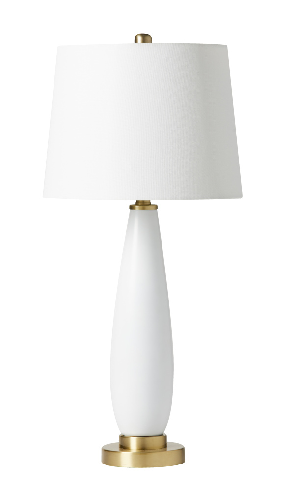 BL48LTX, White Glass and Brass Metal Base with Off White Hardback Shade