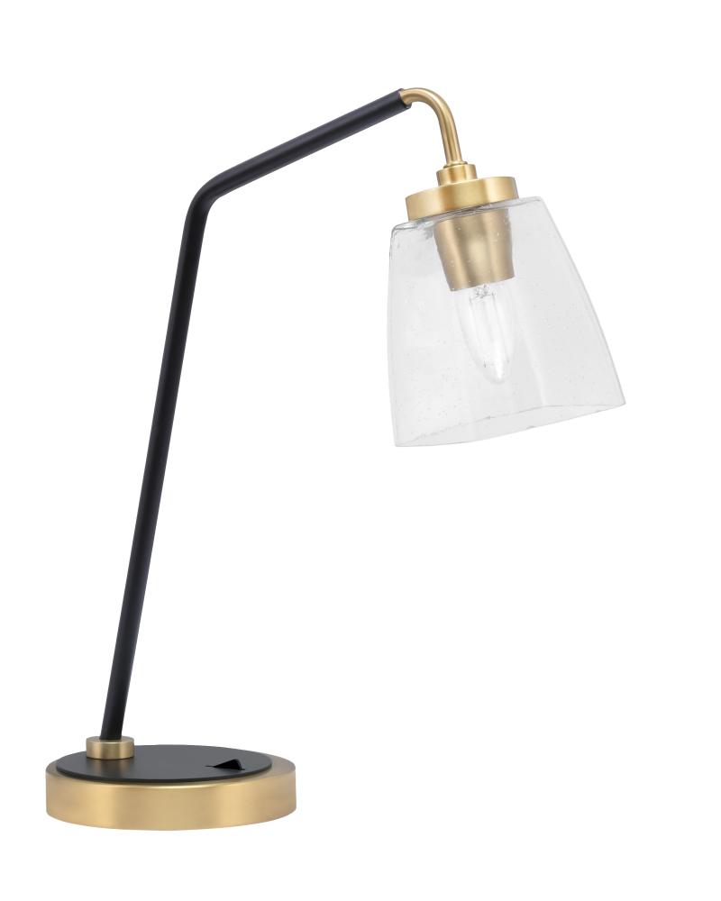 Desk Lamp, Matte Black & New Age Brass Finish, 4.5" Square Clear Bubble Glass