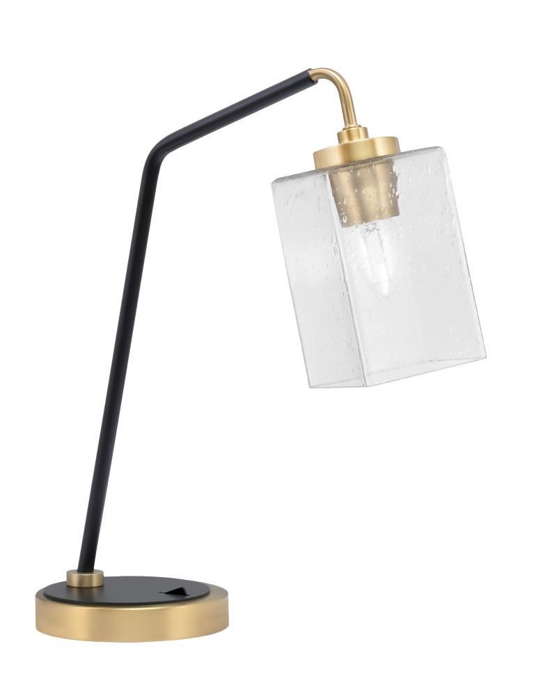 Desk Lamp, Matte Black & New Age Brass Finish, 4" Square Clear Bubble Glass