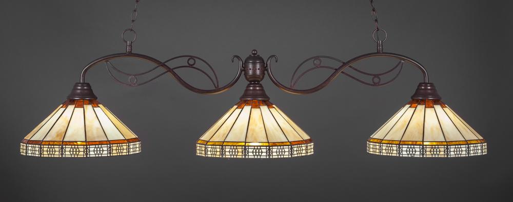 Three Light Bronze Honey And Brown Mission Tiffany Glass Pool Table Light